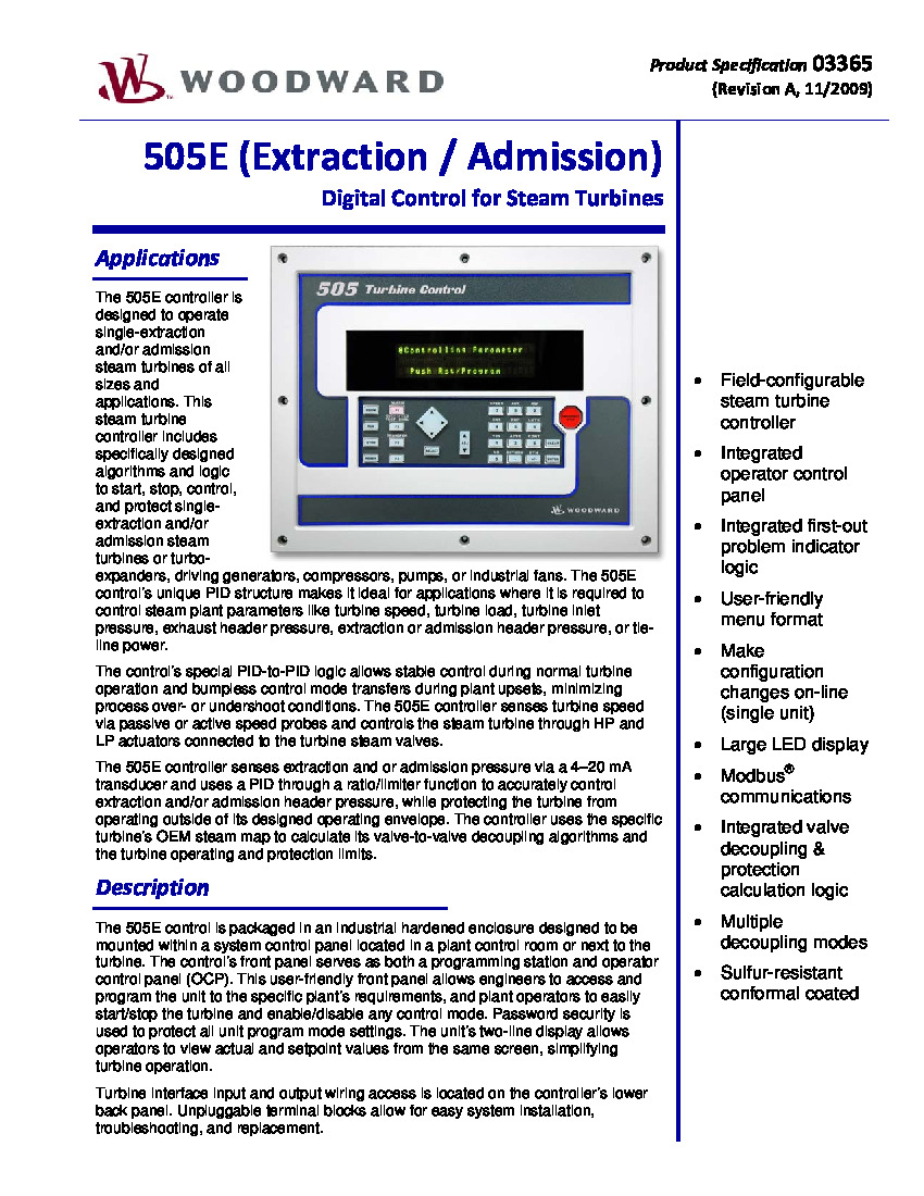First Page Image of Woodward 505E Extract and Admiss Product Spec. 03365.pdf